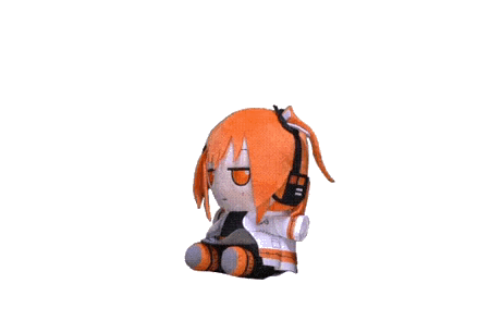 An orange haired girl stuff toy doing her victory pose!